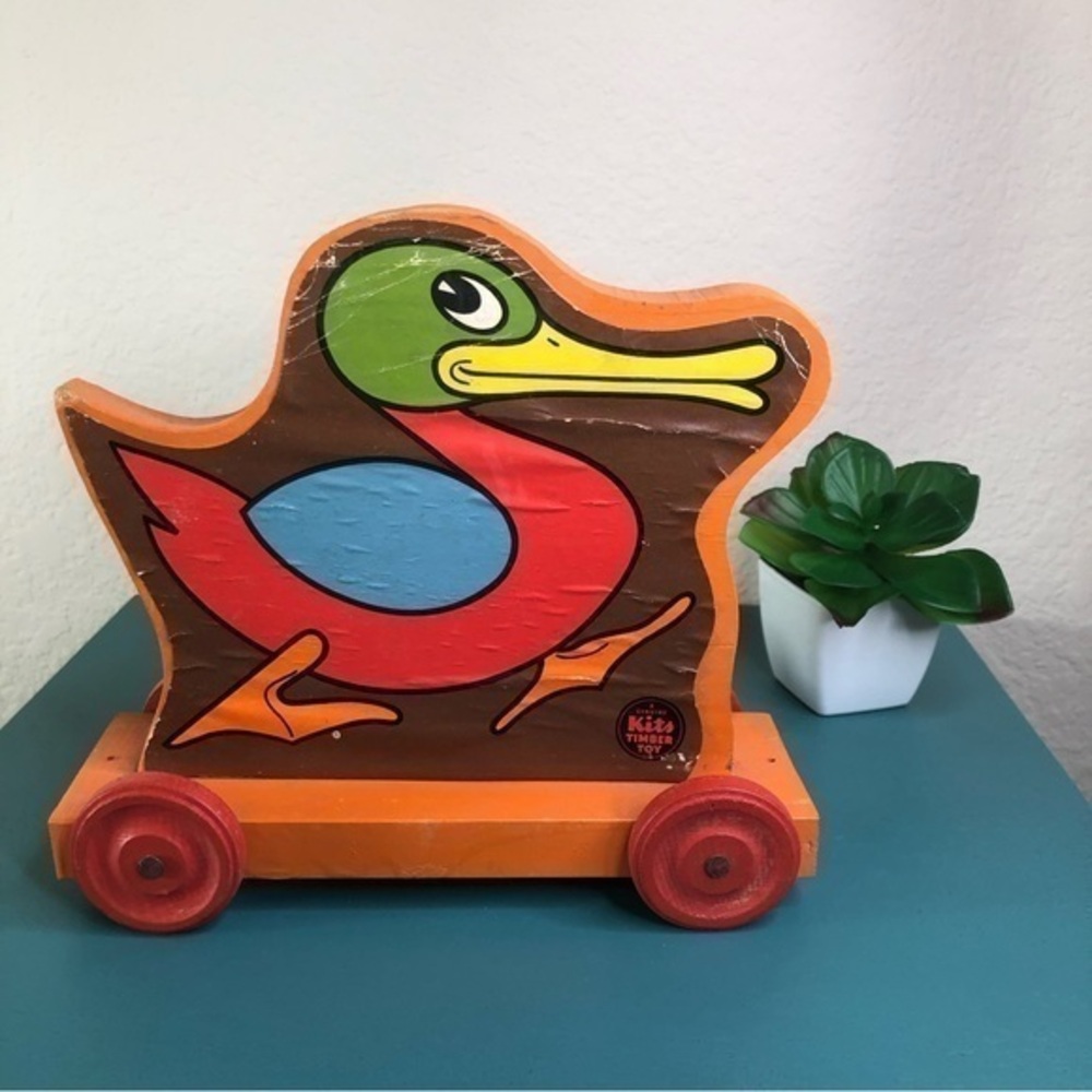 Vintage Genuine Kits Timber Toy Duck Wooden Pull Toy On Wheels Antique 1945